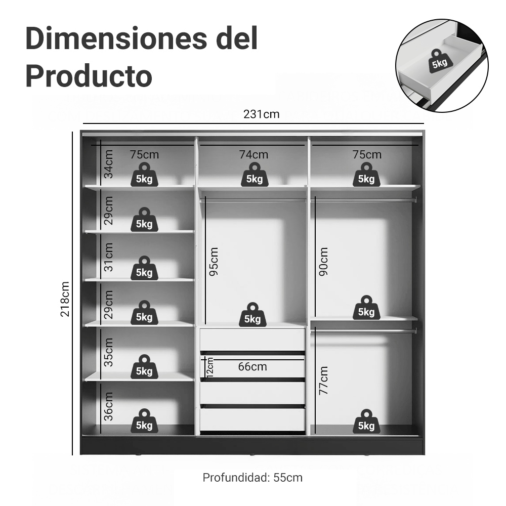 Clóset Matrimonial 3 Puertas Corredizas Negro/Marrón 100% MDF Royale