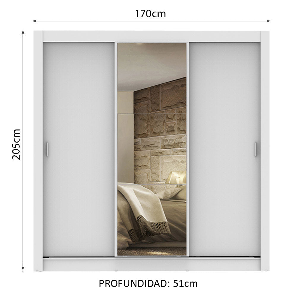 Clóset Matrimonial Lyon 3 Puertas Correderas con Espejo 2 Cajones Blanco
