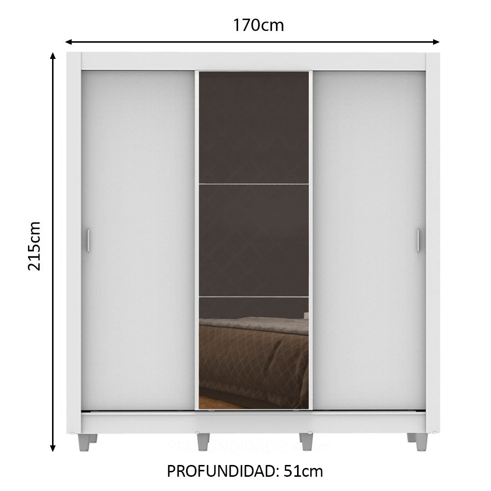 Clóset Matrimonial Lyon 3 Puertas Correderas con Espejo 2 Cajones con Patas Blanco