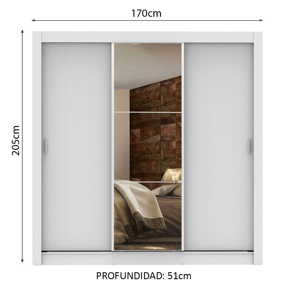 Clóset Matrimonial 170 cm 3 Puertas Corredizas Con 1 Espejo 4 Cajones Blanco Lyon Madesa