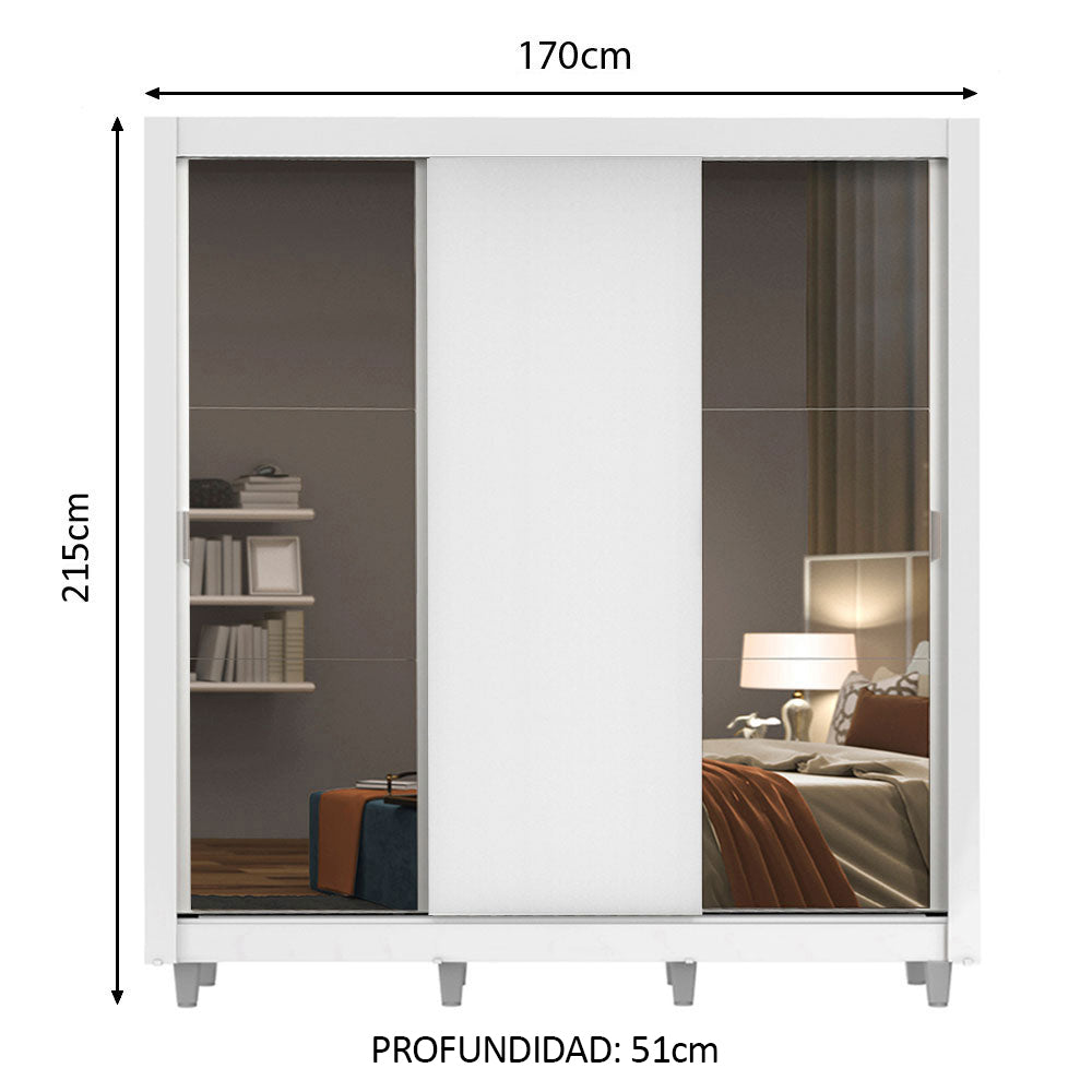 Clóset Matrimonial 3 Puertas Corredizas con Espejos con Patas Blanco Monaco