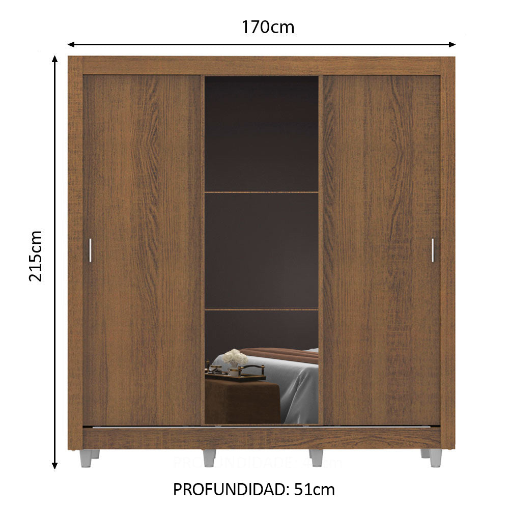 Clóset Matrimonial 170 cm 3 Puertas Corredizas Con 1 Espejo Marrón Monaco Madesa