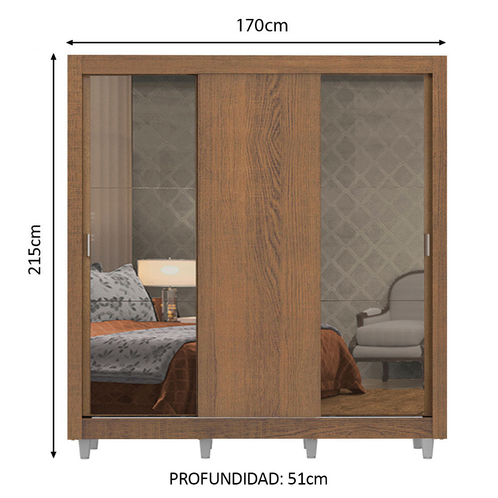 Clóset Matrimonial Lyon Plus 3 Puertas Correderas con Espejos 4 Cajones con Patas Marrón