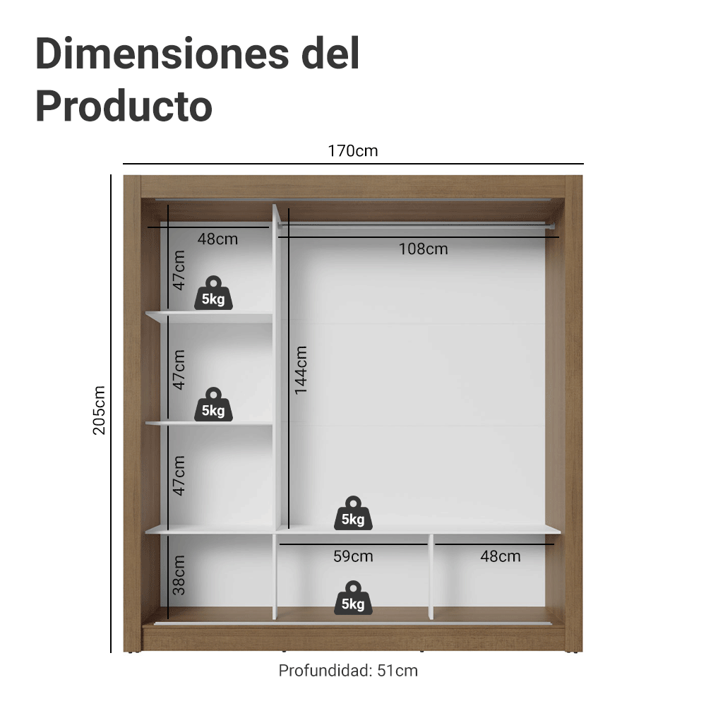 Clóset Matrimonial Monaco 3 Puertas Corredizas con Espejo - Marron
