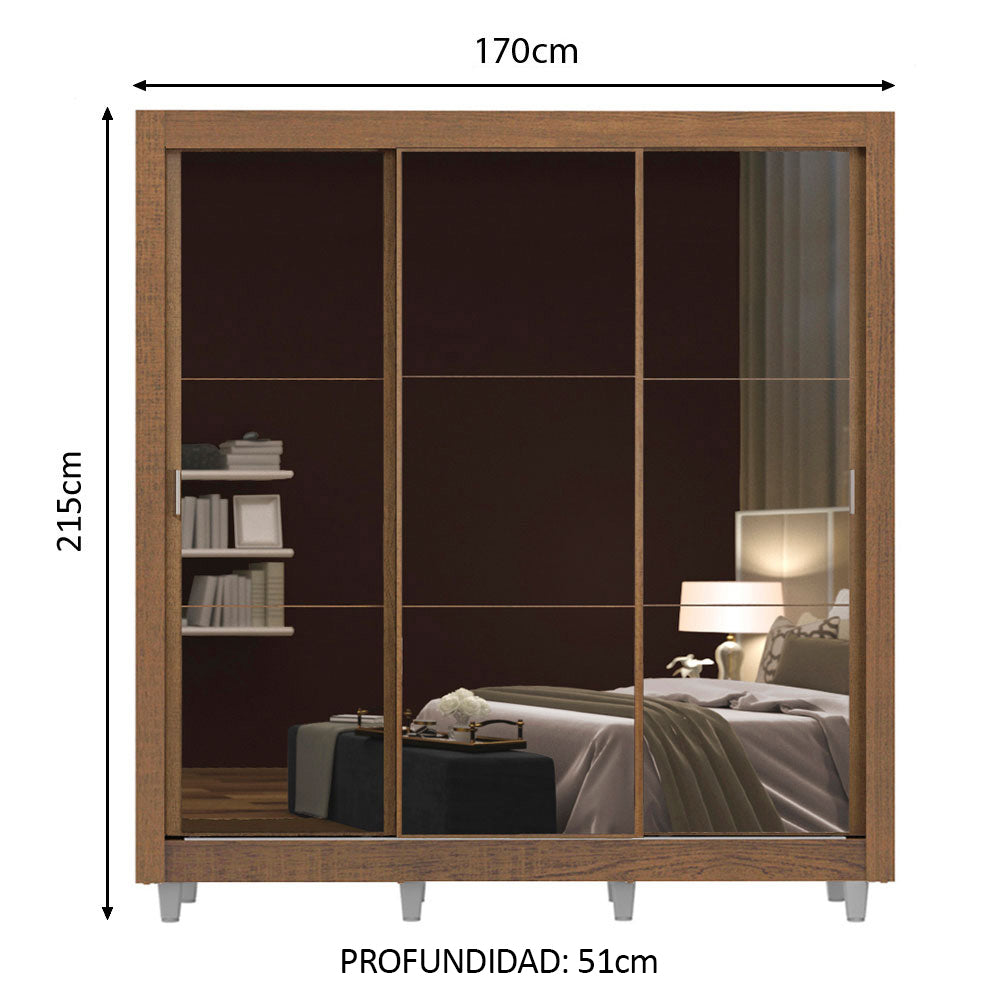 Clóset Matrimonial 170 cm 3 Puertas Corredizas Con 3 Espejos con Patas Marrón Monaco Madesa