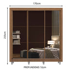 Clóset Matrimonial 170 cm 3 Puertas Corredizas Con 3 Espejos con Patas Marrón Monaco Madesa