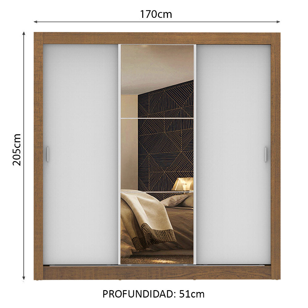 Clóset Matrimonial Lyon 3 Puertas Correderas con Espejo 2 Cajones Marrón/Blanco