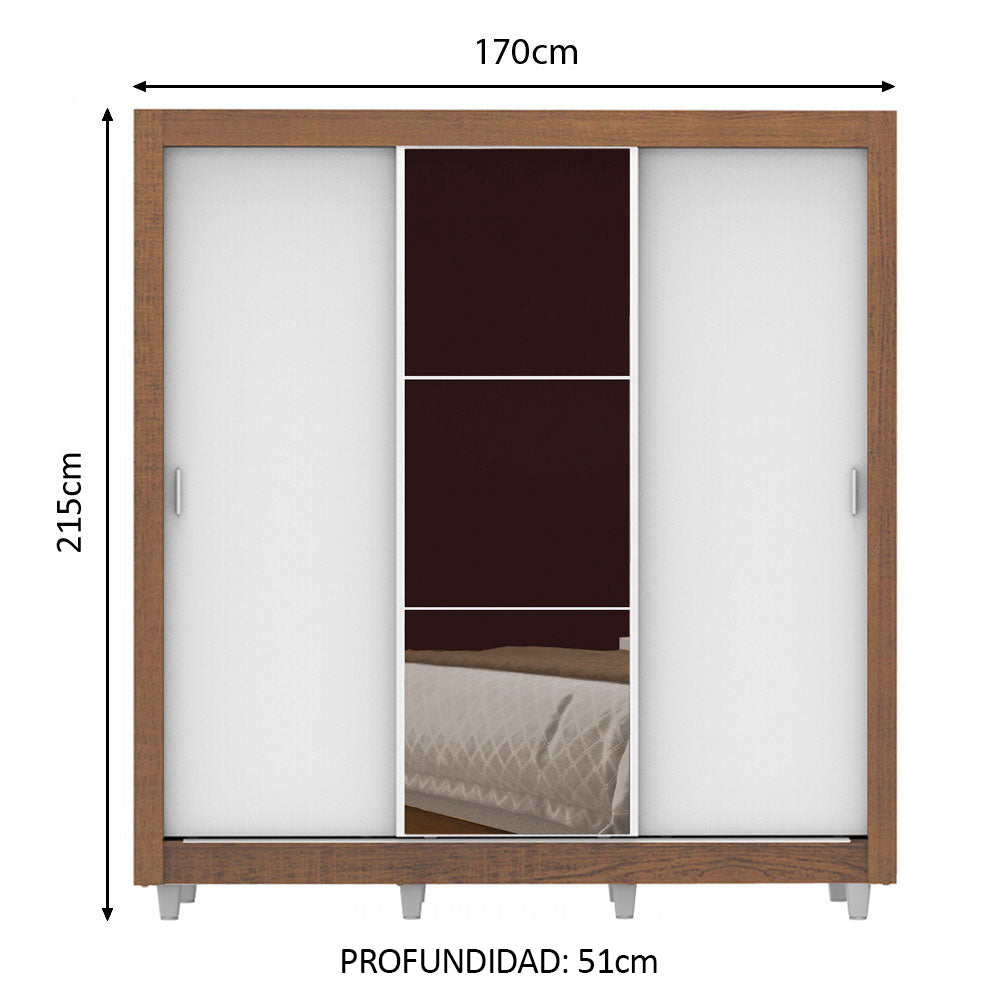 Clóset Matrimonial Lyon 3 Puertas Correderas con Espejo 2 Cajones con Patas Marrón/Blanco