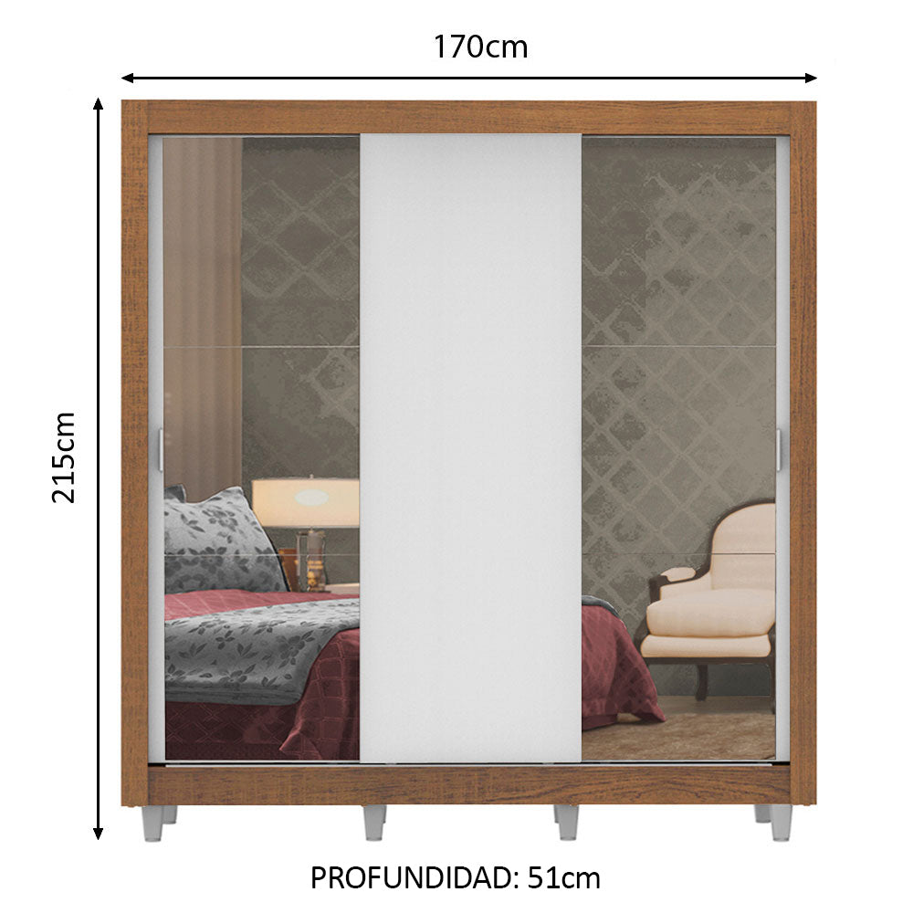 Clóset Matrimonial Lyon Plus 3 Puertas Correderas con Espejos 4 Cajones con Patas Marrón/Blanco