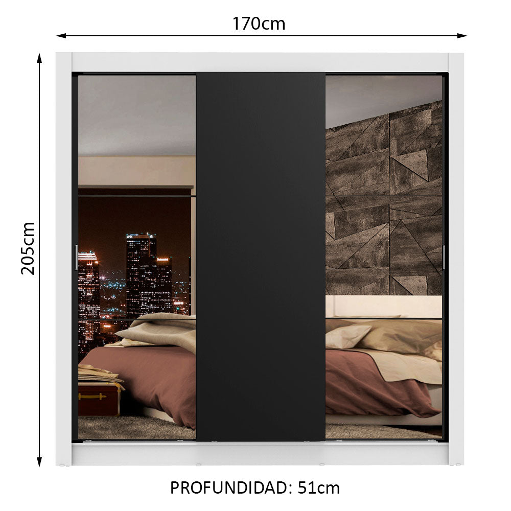 Clóset Matrimonial Lyon Plus 3 Puertas Correderas con Espejos 4 Cajones Blanco/Negro