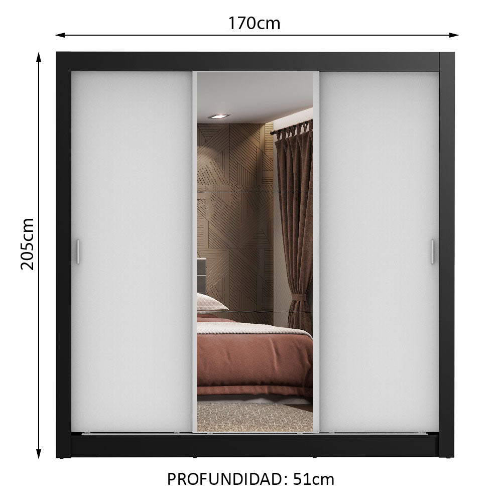 Clóset Matrimonial Lyon 3 Puertas Correderas con Espejo 2 Cajones Negro/Blanco