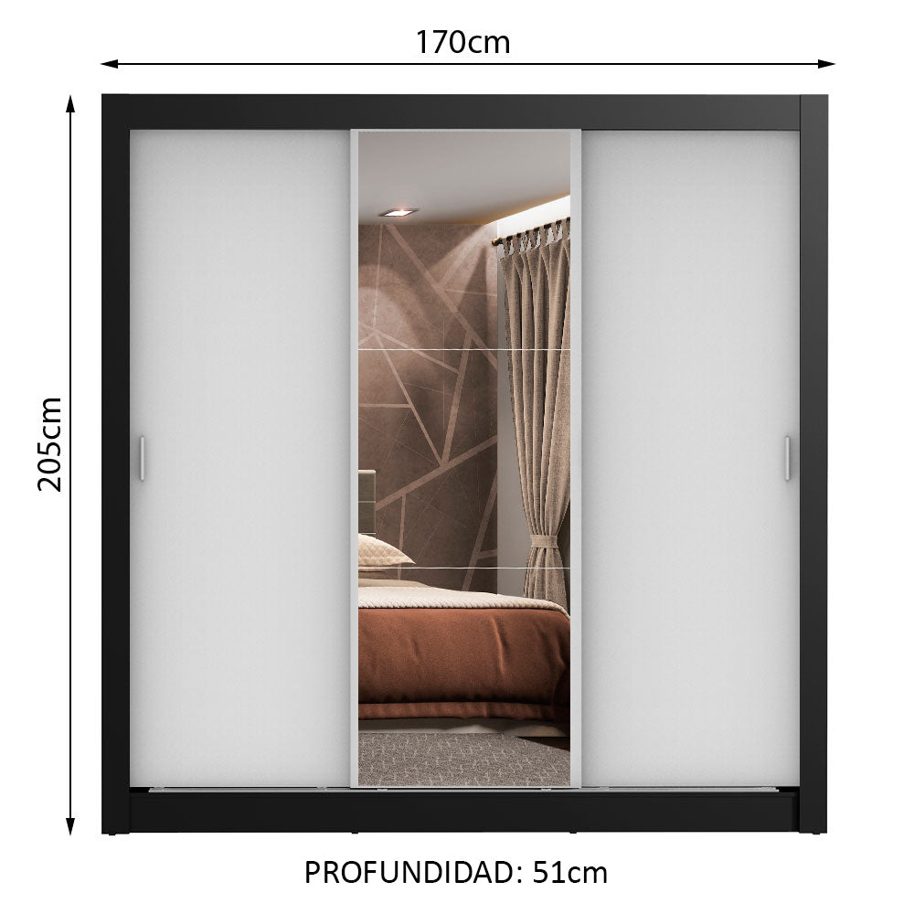 Clóset Matrimonial Lyon Plus 3 Puertas Correderas con Espejo 4 Cajones Negro/Blanco