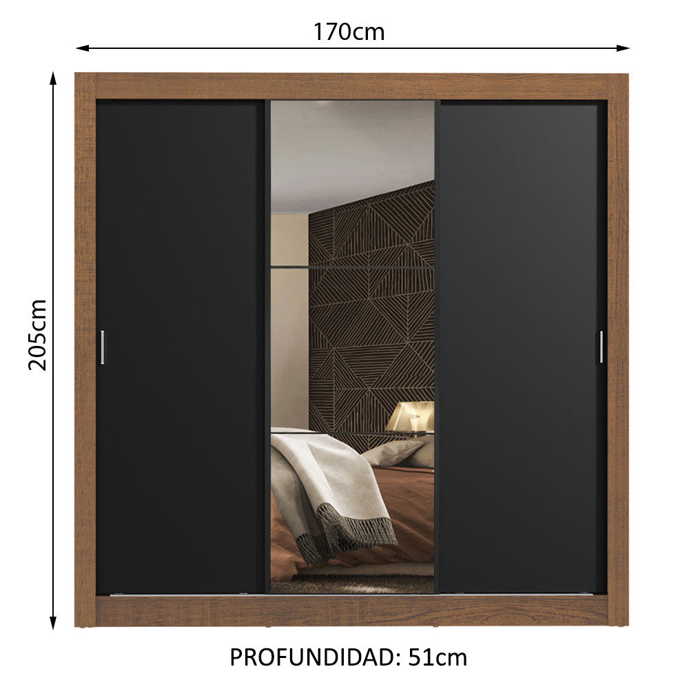 Clóset Matrimonial Monaco 3 Puertas Corredizas 1 con Espejo Marrón/Negro