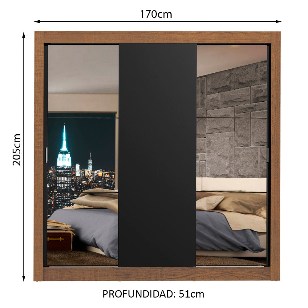 Clóset Matrimonial Lyon 3 Puertas Correderas con Espejos 2 Cajones Marrón/Negro