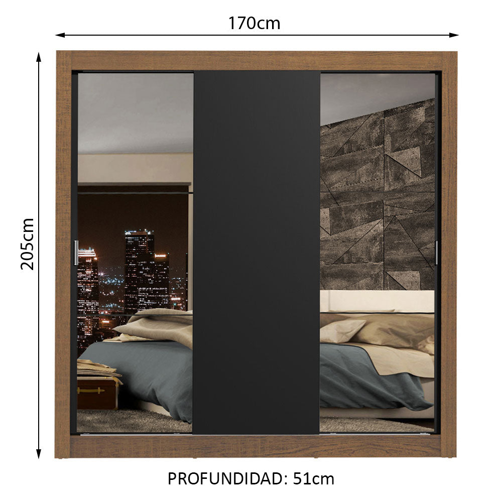 Clóset Matrimonial Lyon Plus 3 Puertas Correderas con Espejos 4 Cajones Marrón/Negro