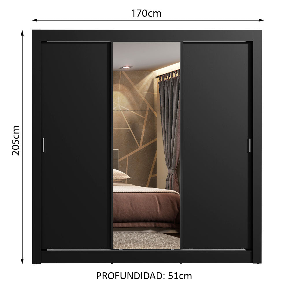 Clóset Matrimonial 170 cm 3 Puertas Corredizas Con 1 Espejo 2 Cajones Negro Lyon Madesa