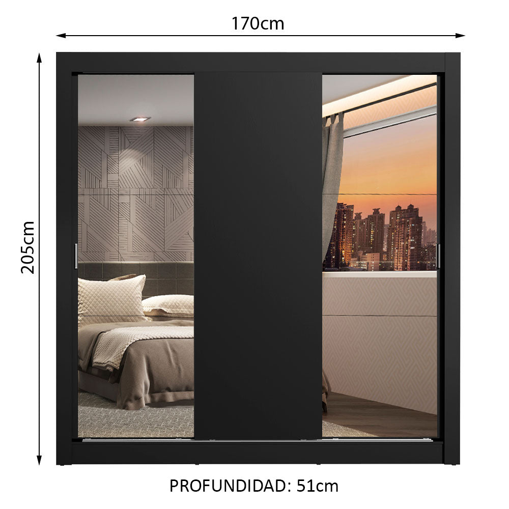 Clóset Matrimonial Lyon 3 Puertas Correderas con Espejos 2 Cajones Negro