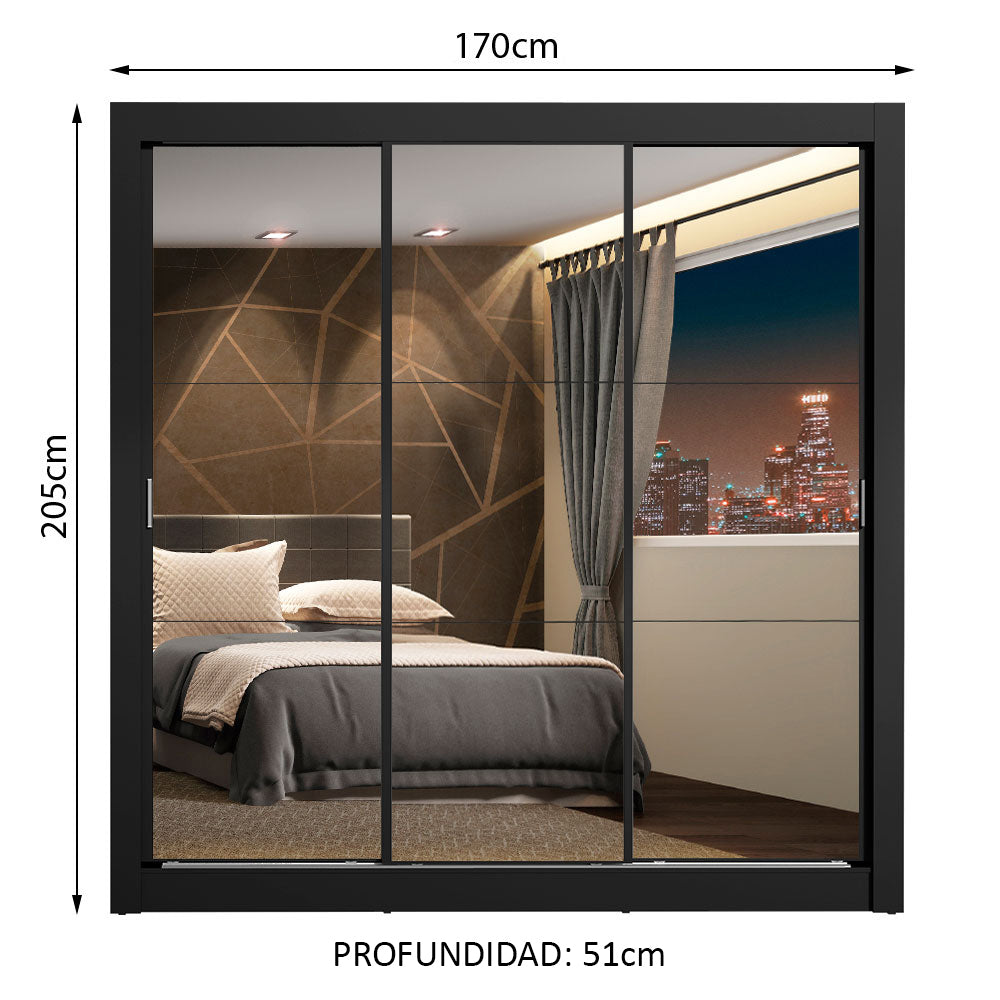 Clóset Matrimonial Lyon Plus 3 Puertas Correderas con Espejo 4 Cajones Negro