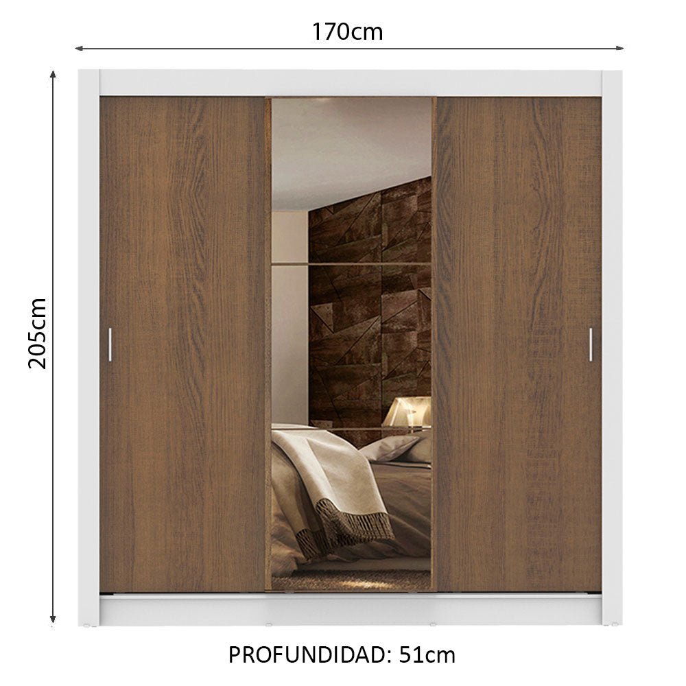 Clóset Matrimonial 170 cm 3 Puertas Corredizas Con 1 Espejo 4 Cajones Blanco/Marrón Lyon Madesa