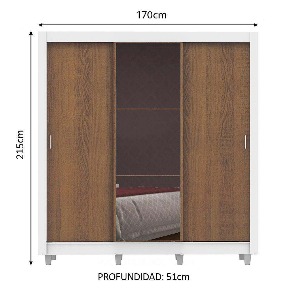 Clóset Matrimonial Lyon Plus 3 Puertas Correderas con Espejo 4 Cajones con Patas Blanco/Marrón