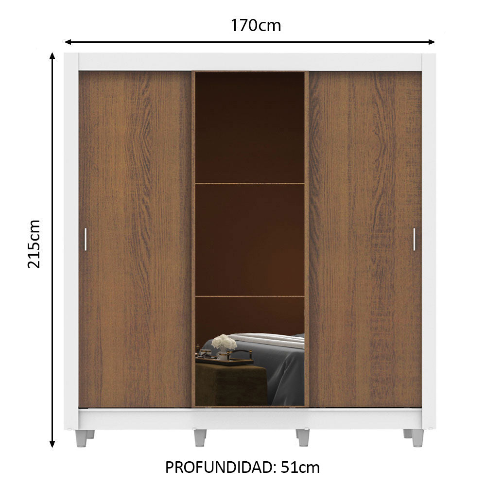 Clóset Matrimonial Mónaco 3 Puertas Correderas con Espejo con Patas Blanco/Marrón