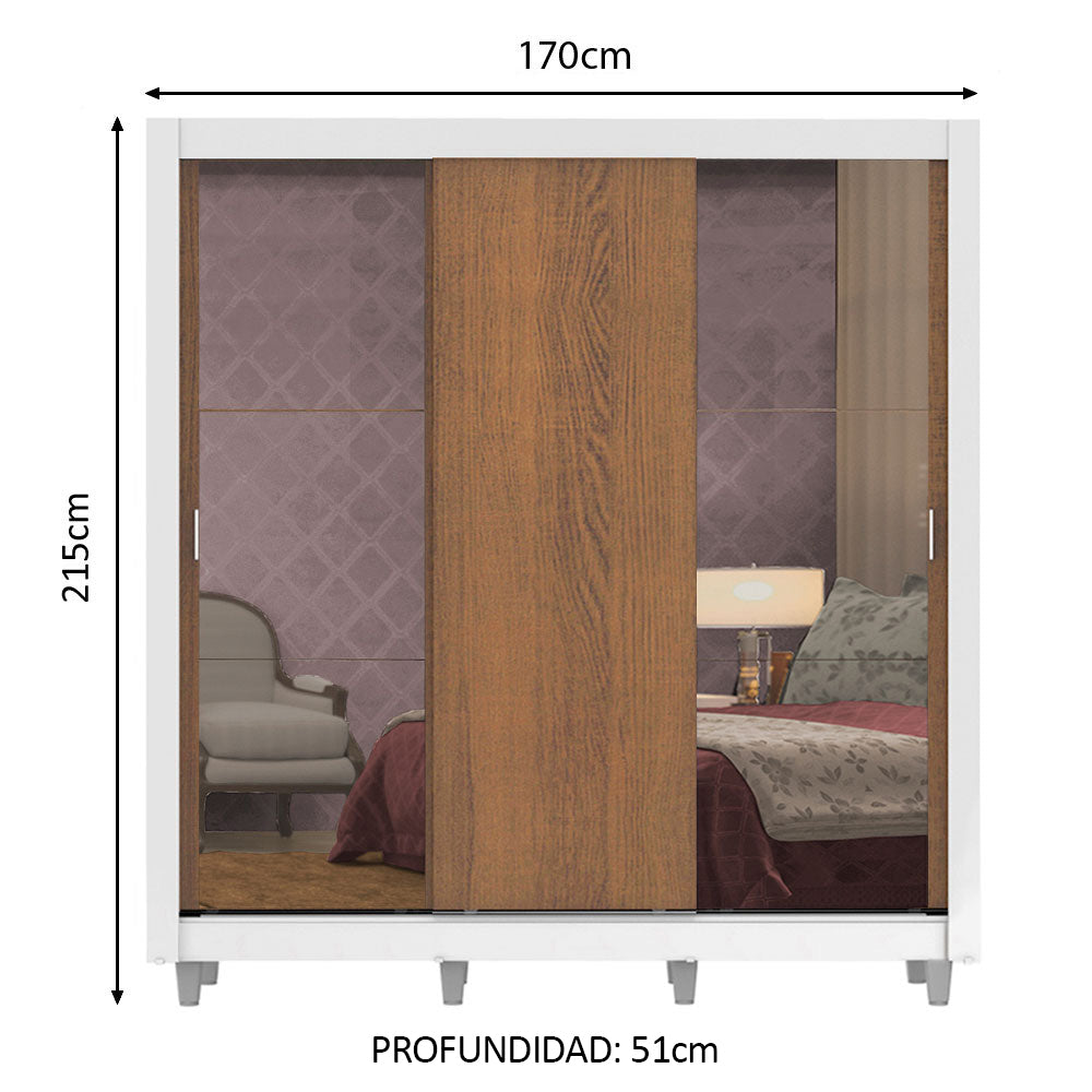 Clóset Matrimonial Lyon 3 Puertas Correderas con Espejos 2 Cajones con Patas Blanco/Marrón