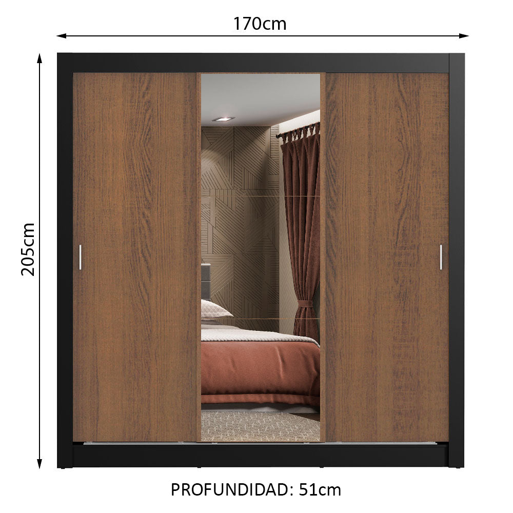 Clóset Matrimonial 170 cm 3 Puertas Corredizas Con 1 Espejo 2 Cajones Negro/Marrón Lyon Madesa