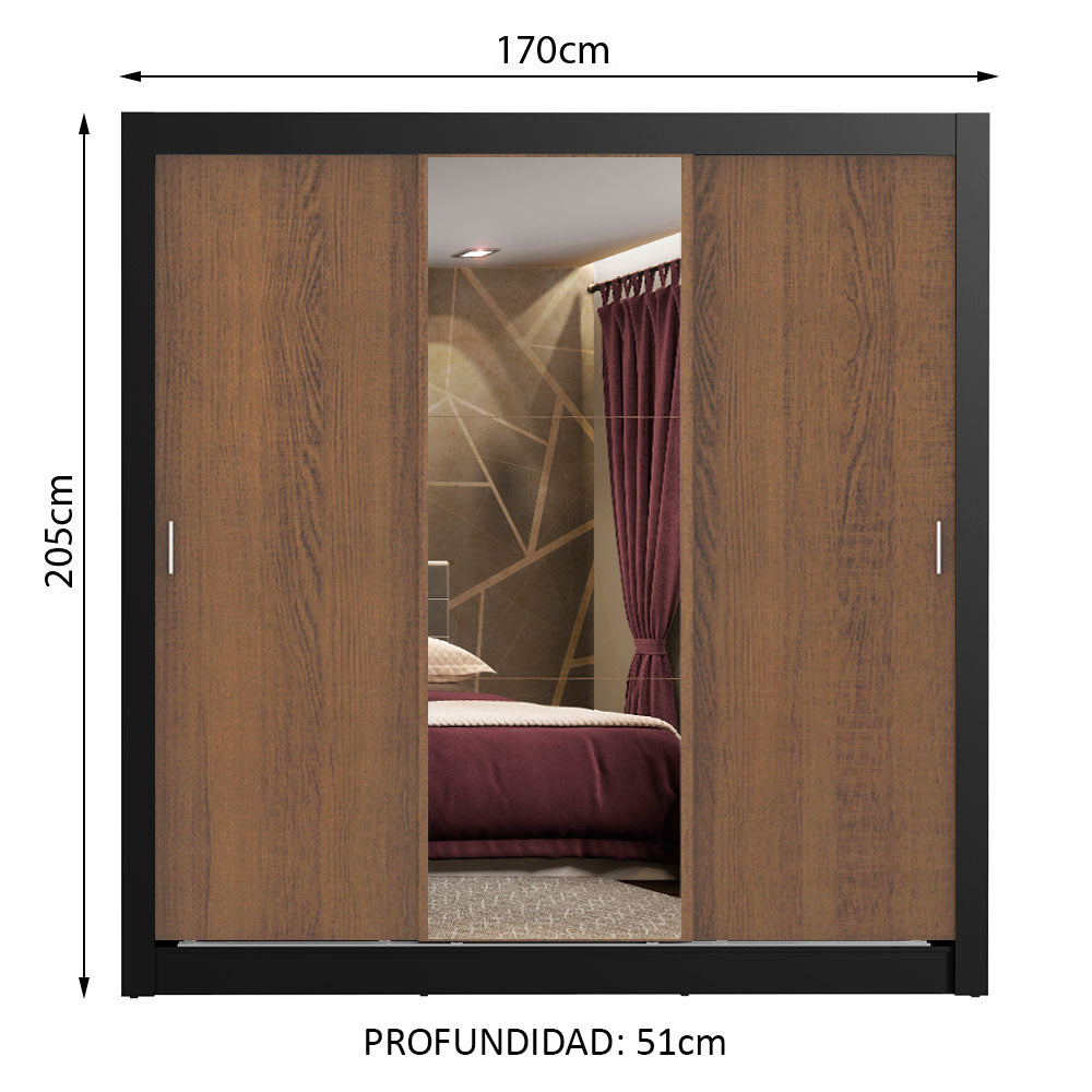 Clóset Matrimonial Lyon Plus 3 Puertas Correderas con Espejo 4 Cajones Negro/Marrón