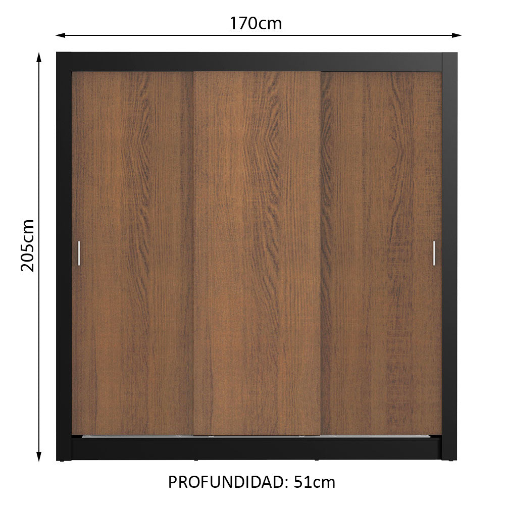 Clóset Matrimonial 170 cm 3 Puertas Corredizas 2 Cajones Negro/Marrón Lyon Madesa