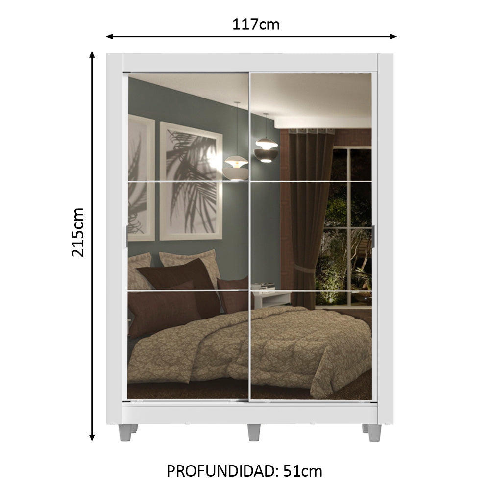 Clóset Soltero Dallas Plus 2 Puertas Correderas con Espejo 4 Cajones con Patas Blanco