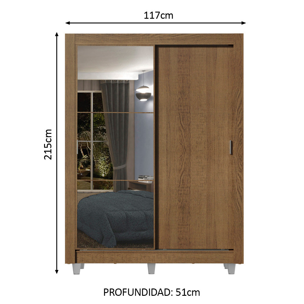 Clóset Soltero 2 Puertas Corredizas con Espejo 2 Cajones con Patas Marrón Dallas