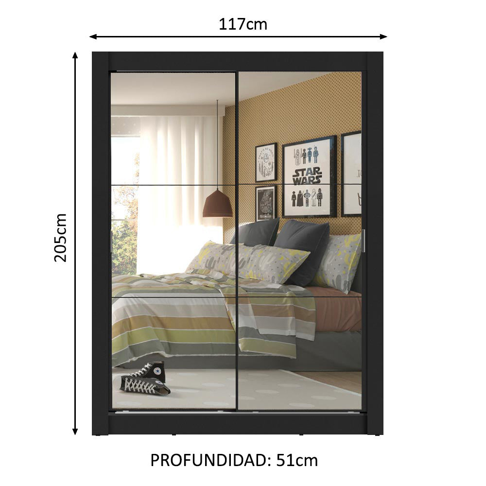 Clóset Soltero Denver 2 Puertas Corredizas 2 con Espejo Negro