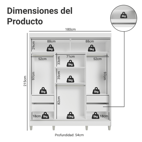 Clóset Matrimonial 180 cm 3 Puertas Corredizas Con 2 Espejos Blanco Reno Madesa