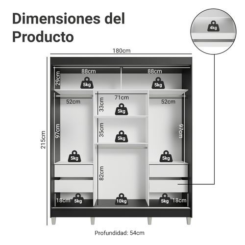 Clóset Matrimonial 180 cm 3 Puertas Corredizas Con 3 Espejos Negro/Blanco Reno Madesa