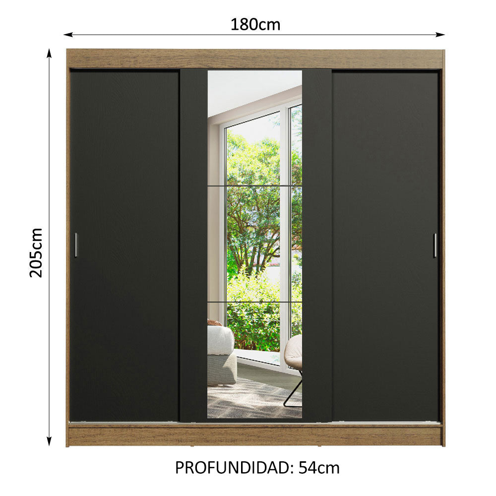 Clóset Matrimonial Reno 3 Puertas Corredizas con Espejo Marrón/Negro