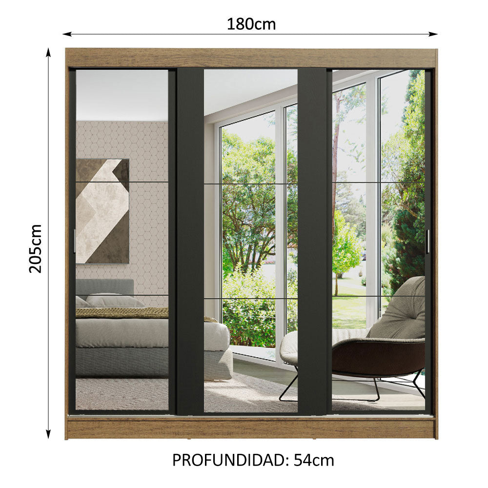 Clóset Matrimonial Reno 3 Puertas Corredizas de Espejo Marrón/Negro