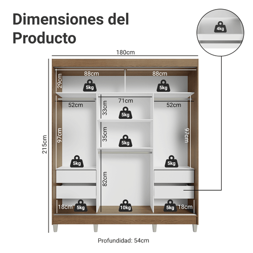 Clóset Matrimonial 180 cm 3 Puertas Corredizas Marrón/Negro Reno Madesa