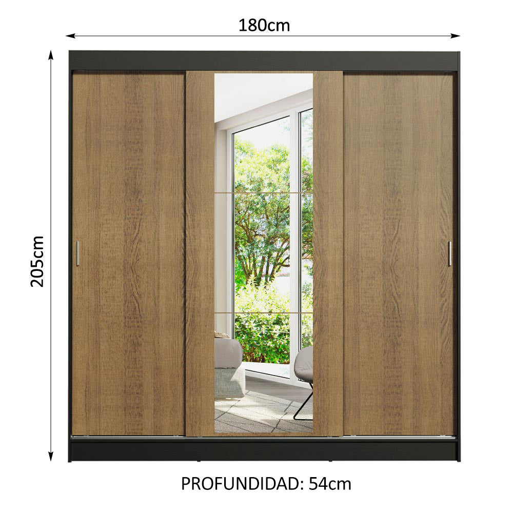 Clóset Matrimonial Reno 3 Puertas Correderas con Espejo Negro/Marrón