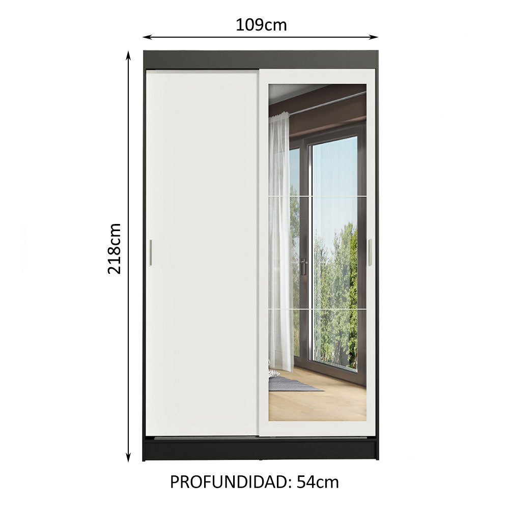 Clóset Soltero Tokio 2 Puertas Correderas con Espejo 2 Cajones Negro/Blanco