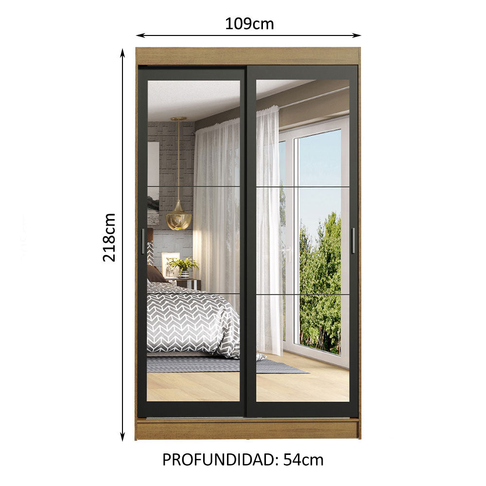 Clóset Soltero Tokio 2 Puertas Correderas con Espejos 2 Cajones Marrón/Negro