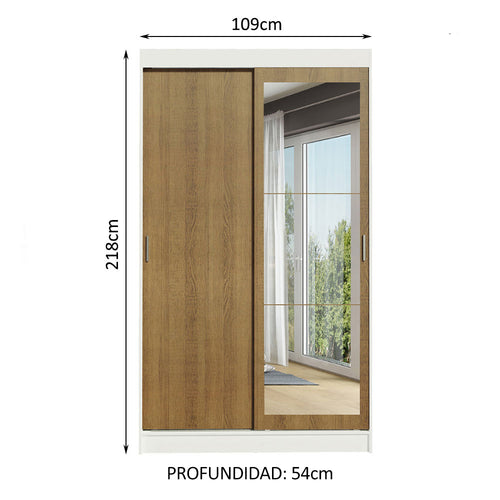 Clóset Soltero 109 cm 2 Puertas Corredizas Con 1 Espejo 2 Cajones Blanco/Marrón Tokio Madesa