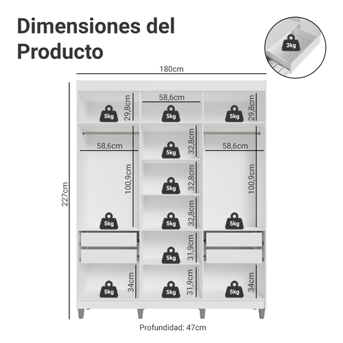 Clóset Matrimonial 180 cm 6 Puertas Con 2 Espejos Blanco/Negro Venus Madesa