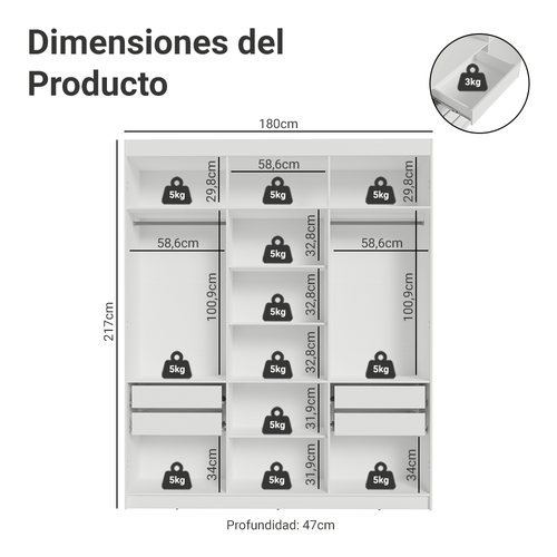 Clóset Matrimonial 180 cm 6 Puertas Blanco/Negro Venus Madesa