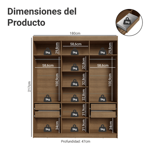 Clóset Matrimonial 180 cm 6 Puertas Con 2 Espejos Marrón/Crema Venus Madesa