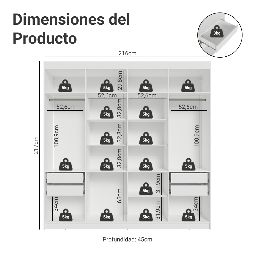 Clóset Matrimonial Venus 216 cm Sin Puertas 4 Cajones Blanco
