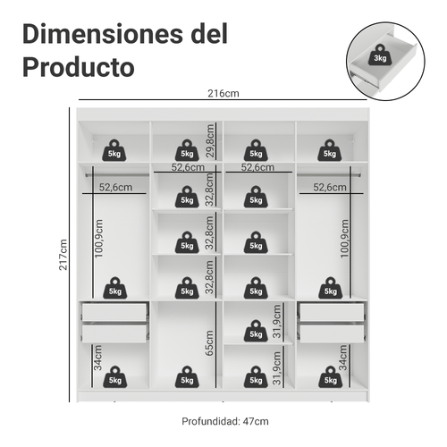 Clóset Matrimonial 216 cm 8 Puertas Blanco/Negro Venus Madesa
