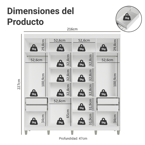 Clóset Matrimonial 216 cm 8 Puertas Con 2 Espejos Blanco/Negro Venus Madesa