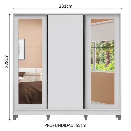 Clóset Matrimonial 100% MDF 3 Puertas Corredizas con Espejos Blanco con Patas Eros