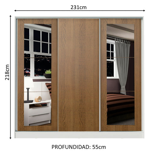 Clóset Matrimonial 100% MDF 3 Puertas Corredizas con Espejos Blanco/Marrón Eros