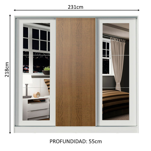 Clóset Matrimonial 100% MDF 3 Puertas Corredizas con Espejos Blanco/Marrón